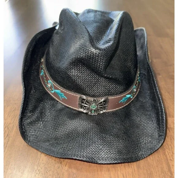 Peter Grimm Black Straw Cowboy Hat Embroidered Rose Band Western Festival O/S - Picture 8 of 12